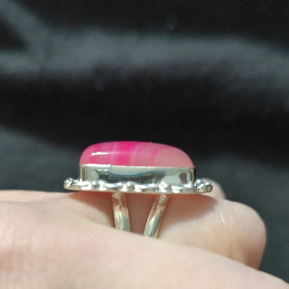 Silver Plated Pink Banded Agate Gemstone Rectangular Statement Ring - Size 8